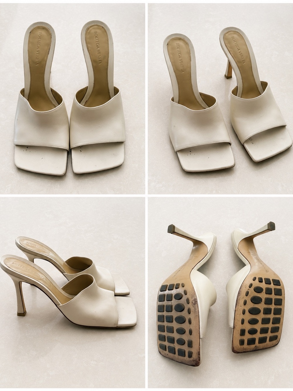 Bottega Veneta Cream Leather Square-Toe Slide Mules